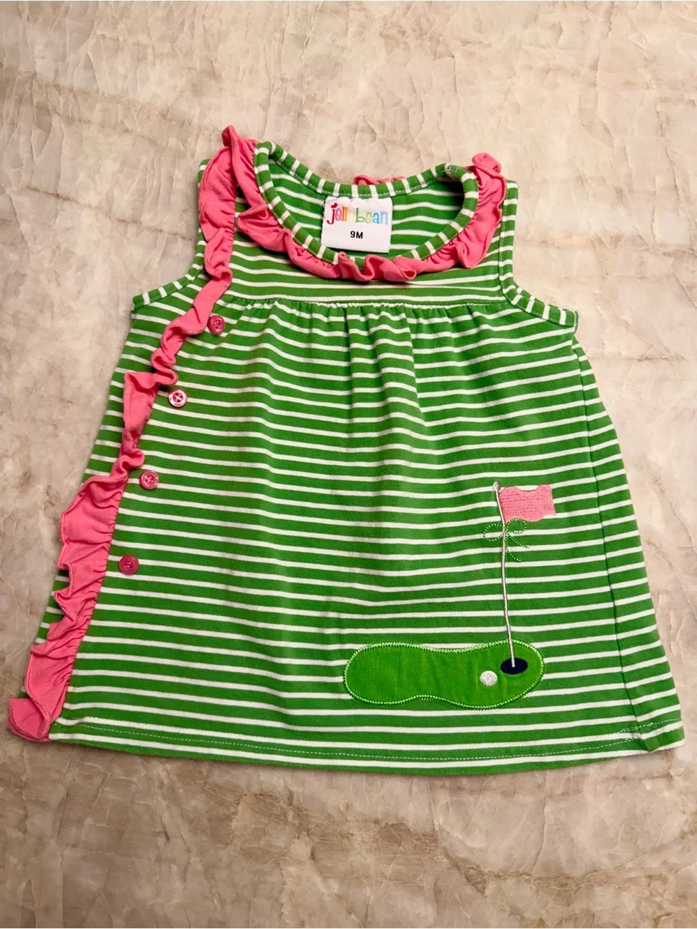 Jelly Bean Green & White Striped Ruffle dress with Pink Trim & golf appliqué